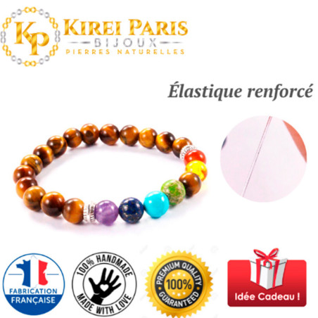 BRACELET PIERRES NATURELLES 7 CHAKRAS et OEIL DE TIGRE 8mm - KIREI PARIS BIJOUX | Les4Nages