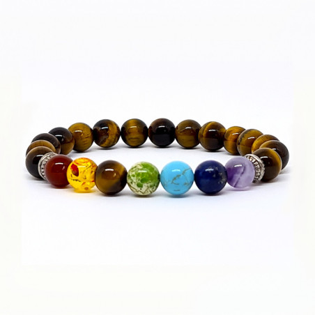 BRACELET PIERRES NATURELLES 7 CHAKRAS et OEIL DE TIGRE 8mm - KIREI PARIS BIJOUX | Les4Nages