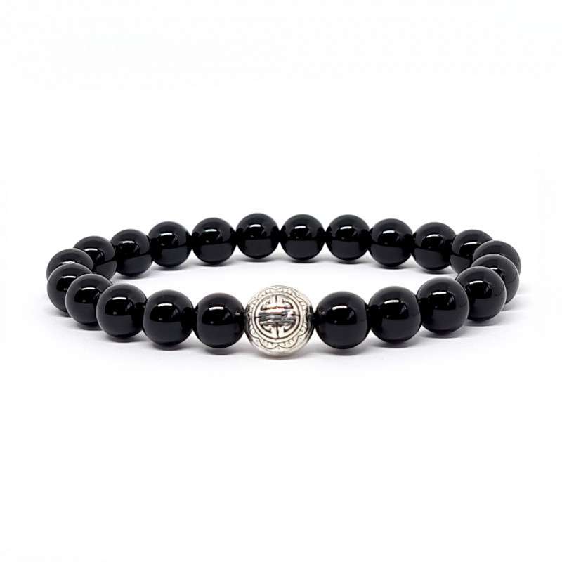 BRACELET PIERRES NATURELLES et ARGENT - KIREI PARIS BIJOUX - LONG LIFE et OBSIDIENNE 8mm