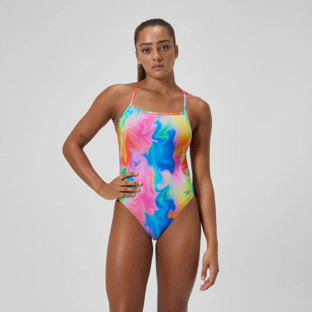 Speedo PRINTED V-BACK rose jaune - Maillot femme 1 pièce | Les4Nages