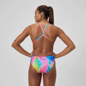 Speedo PRINTED V-BACK rose jaune - Maillot femme 1 pièce
