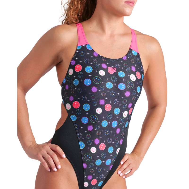 Arena CONTOUR Swim Tech Black Multi Black Shocking Pink - Maillot Natation Femme 1 piece | Les4Nages