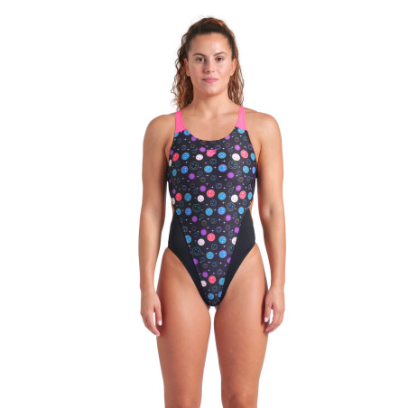 Arena CONTOUR Swim Tech Black Multi Black Shocking Pink - Maillot Natation Femme 1 piece | Les4Nages