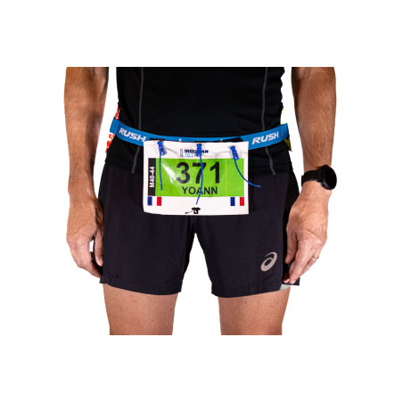 Ceinture porte dossard RUSH Energy Race belt Blue avec 3 points de fixation et 6 porte gels | Les4Nages