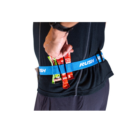 Ceinture porte dossard RUSH Energy Race belt Blue avec 3 points de fixation et 6 porte gels | Les4Nages