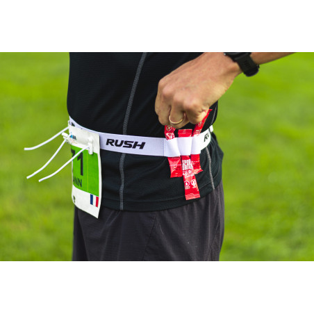 Ceinture porte dossard RUSH Energy Race belt Blanc avec 3 points de fixation et 6 porte gels | Les4Nages