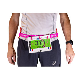 Ceinture porte dossard RUSH Energy Race belt Pink avec 3 points de fixation et 6 porte gels