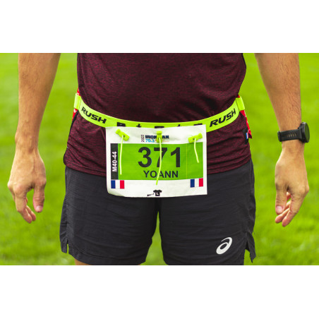 Ceinture porte dossard RUSH Energy Race belt Jaune avec 3 points de fixation et 6 porte gels | Les4Nages