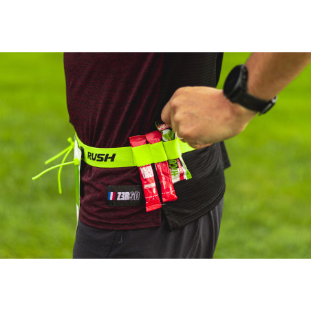 Ceinture porte dossard RUSH Energy Race belt Jaune avec 3 points de fixation et 6 porte gels | Les4Nages