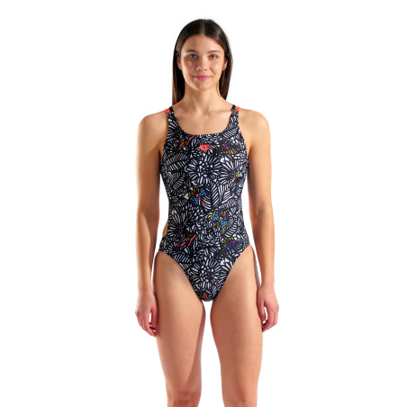ARENA COLORS BOOK Multi Black Bright Coral Swim Tech Back - Maillot Natation Femme 1 piece | Les4Nages