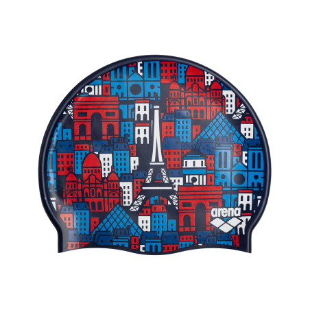 Bonnet ARENA FLAT SILICONE SKYLINE Navy Allover - Edition Limitée Paris 2026 | Les4Nages